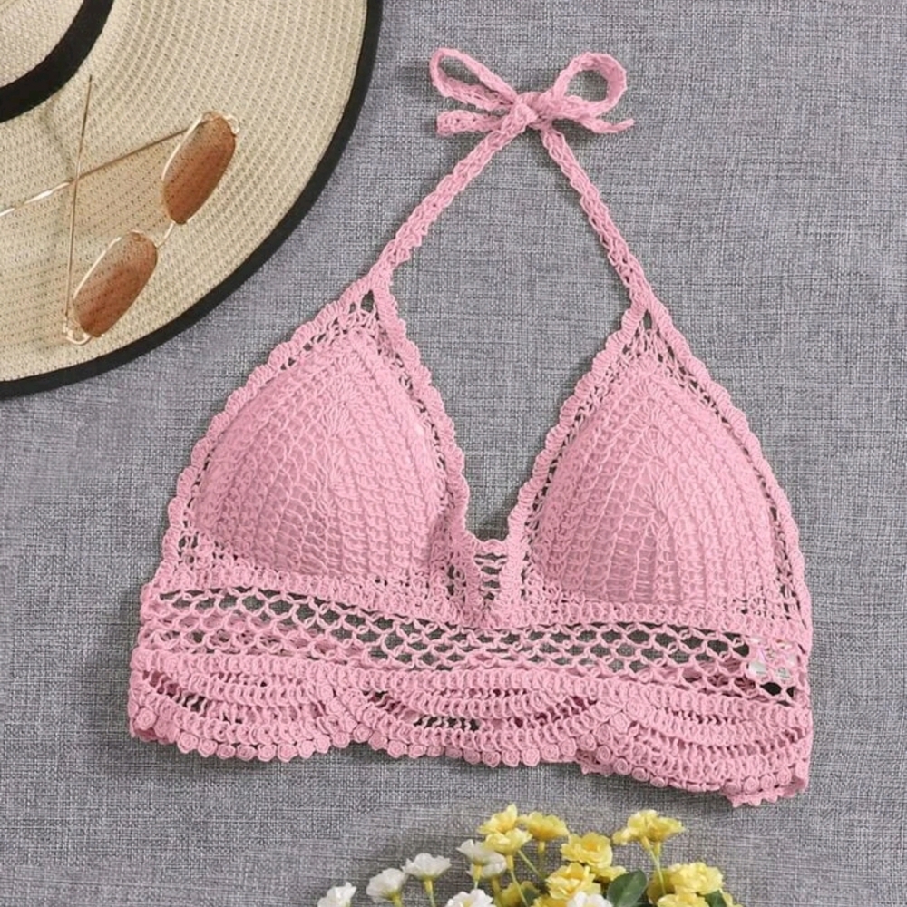 Crochet Knit Pink Halter Crop Top Padded One Size Trendy Festival Concert